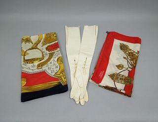 (2) Hermes Silk Scarves & French Leather Long Gloves.