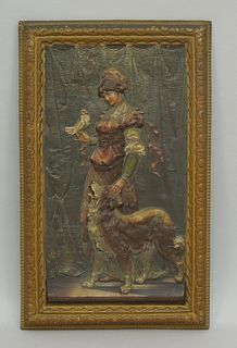 Bradley & Hubbard Metal Plaque, Lady with bird & dog.