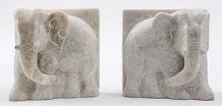 Indian White Marble Elephant Bookends, Pair