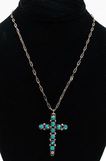Brutalist Silver Turquoise Cross Pendant Necklace