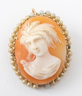 Antique 10K Gold Cameo & Faux Pearl Pin / Pendant
