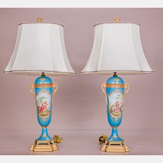 A Pair of Sevres Style Porcelain Table Lamps, 20th Century.