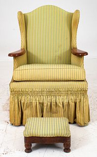 Gingham Upholstered Wingchair with Stool