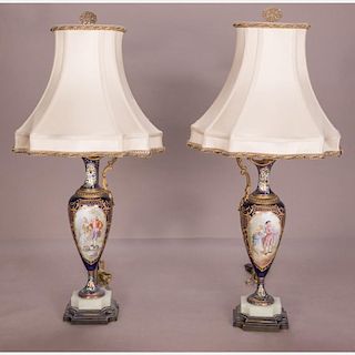 A Pair of Sevres Style Porcelain Table Lamps with Ormolu Mounts, 20th Century.