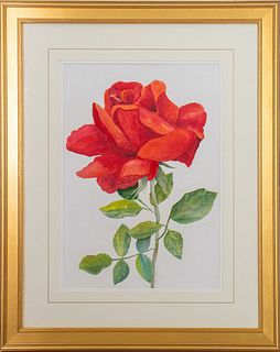 Signed Watercolor on Paper of a Red Rose