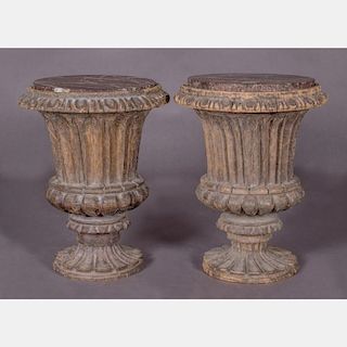 A Pair of Carved Hardwood Urn Form Side Tables with Marble Tops, 20th Century.