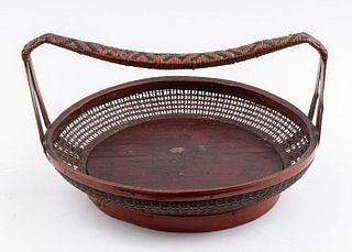 Japanese Red Lacquered Bamboo Wicker Basket