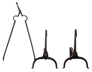 Wrought Iron Andirons And Fireplace Tongs