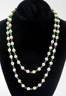 Vintage 14K Pearl Lapis & Green Onyx Bead Necklace