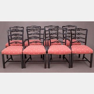 A Group of Eight Georgian Style Painted Hardwood Dining Chairs with Ribbon Splats, 20th Century,