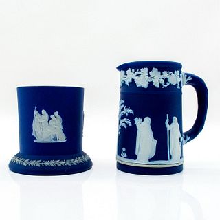 Wedgwood Portland Blue Jasperware Mini Spill Vase + Pitcher