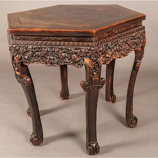 A Chinese Carved Elm Six-Side Center Table, 20th Century.