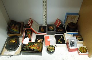 (12) Russian Lacquer Boxes, Brooches and Diaries.
