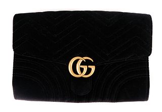Gucci Black Matelasse Velvet GG Marmont Clutch