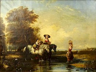 Early 19th Century English Oil on Canvas "Crossing The Stream".