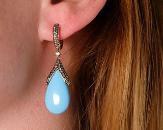 Pair, 14k YG Diamond & Turquoise Earrings