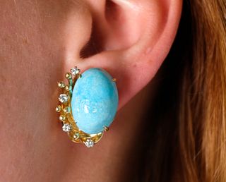 Brutalist Style 18k Turquoise & Diamond Earrings
