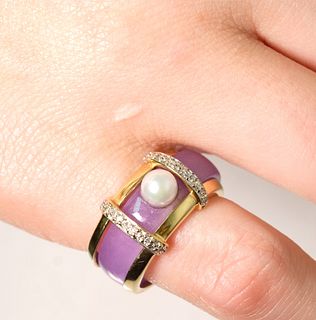 Vintage 14k YG Lavender Jade, Diamond Pearl Ring