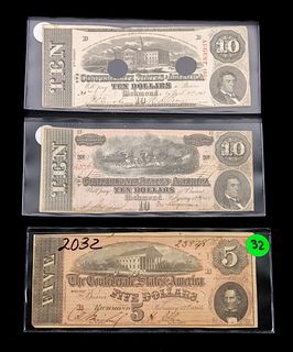 3 Pieces Confederate Currency Paper Money