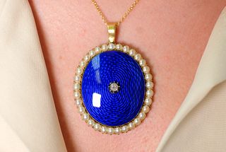 Russian Pearl & Diamond Guilloche Pendant Necklace