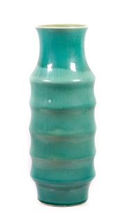 Attr. Bauer Pottery Tall Ribbed Green Glazed Vase