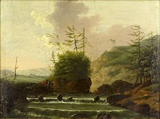 after: Marco Ricci, Italian (1676-1729) Oil on Cradled Panel "Landscape With Figures Along A Steam".