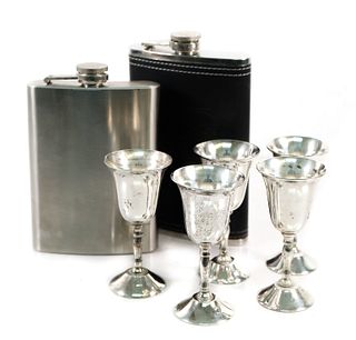 Two Flasks w/Five Silver Plated Liquor Cordials