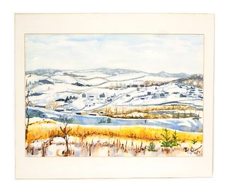Vintage Watercolor Naive Winter Scene, Signed