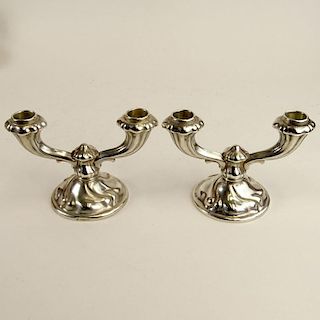 Pair German 835 Silver 2 Light Candlesticks. Signed 835. Light dings, bottoms with metal plates.