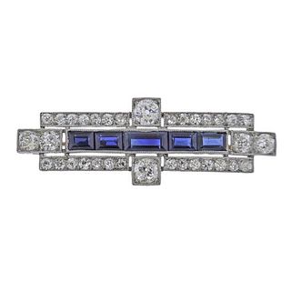 Art Deco Platinum Diamond Sapphire Brooch Pin