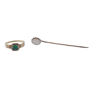 Antique 14k Gold Moonstone Stick Pin Emerald Ring Lot