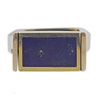 Modernist 1970s 14k Gold Lapis Nephrite Flip Top Ring