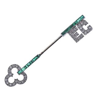 Art Deco Platinum Diamond Emerald Key Jabot Pin