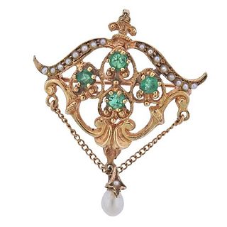Antique 14k Gold Emerald Pearl Brooch Pendant