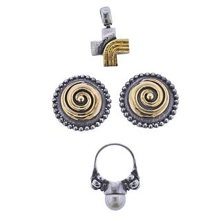 14k Gold Silver Pearl Ring Cross Pendant Earrings Lot 3pc
