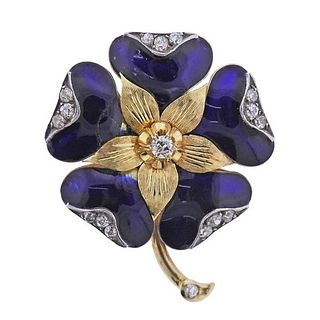 Antique 18k Gold Enamel Diamond Flower Brooch Pin