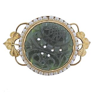 Antique 14k Gold Carved Nephrite Pearl Brooch Pin
