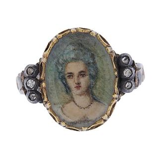 Antique Georgian Gold Silver Miniature Portrait Diamond Ring