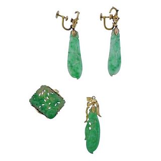 14k Gold Carved Jade Pendant Ring Earrings Set