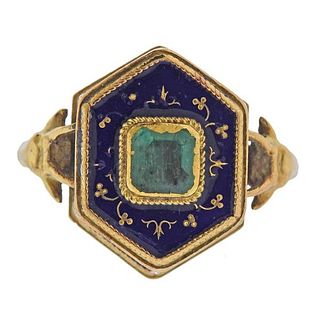 18k Gold Emerald Enamel Ring