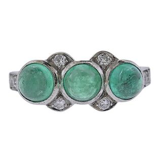 Art Deco Platinum Emerald Cabochon Diamond Ring