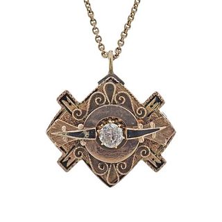 Antique 14k Gold Diamond Enamel Pendant Necklace