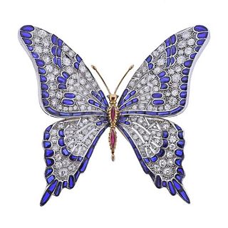 18k Gold Two Tone Gold Diamond Butterfly Brooch Pin
