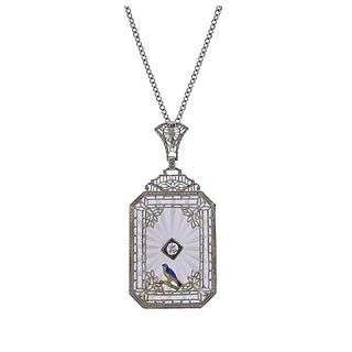 Art Deco Filigree 14k Gold Crystal Diamond Enamel Pendant Necklace