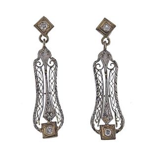 Art Deco Filigree 14k Gold Diamond Drop Earrings