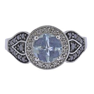 LeVian Le Vian Arusha 14k Gold Black White Diamond Aquamarine Ring
