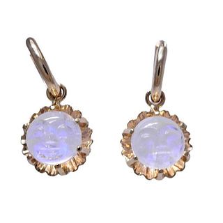 14k Gold Carved Moonstone Moon Face Drop Earrings