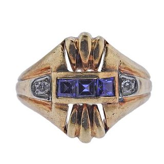 Retro 14k Gold Diamond Sapphire Ring