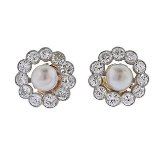18k Gold Platinum Pearl Diamond Earrings 
