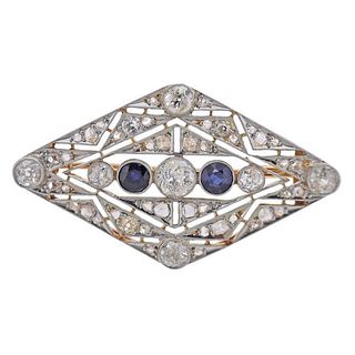 Art Deco 18k Gold Platinum  Diamond Sapphire Brooch Pin